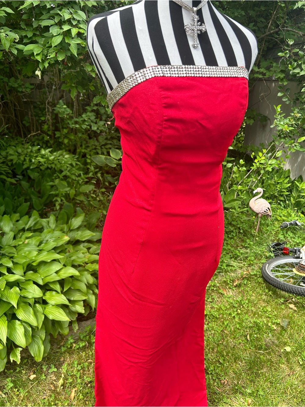 Vintage 2000’s Panoply Red sparkly Strapless Evening Gown with Rhinestone Trim